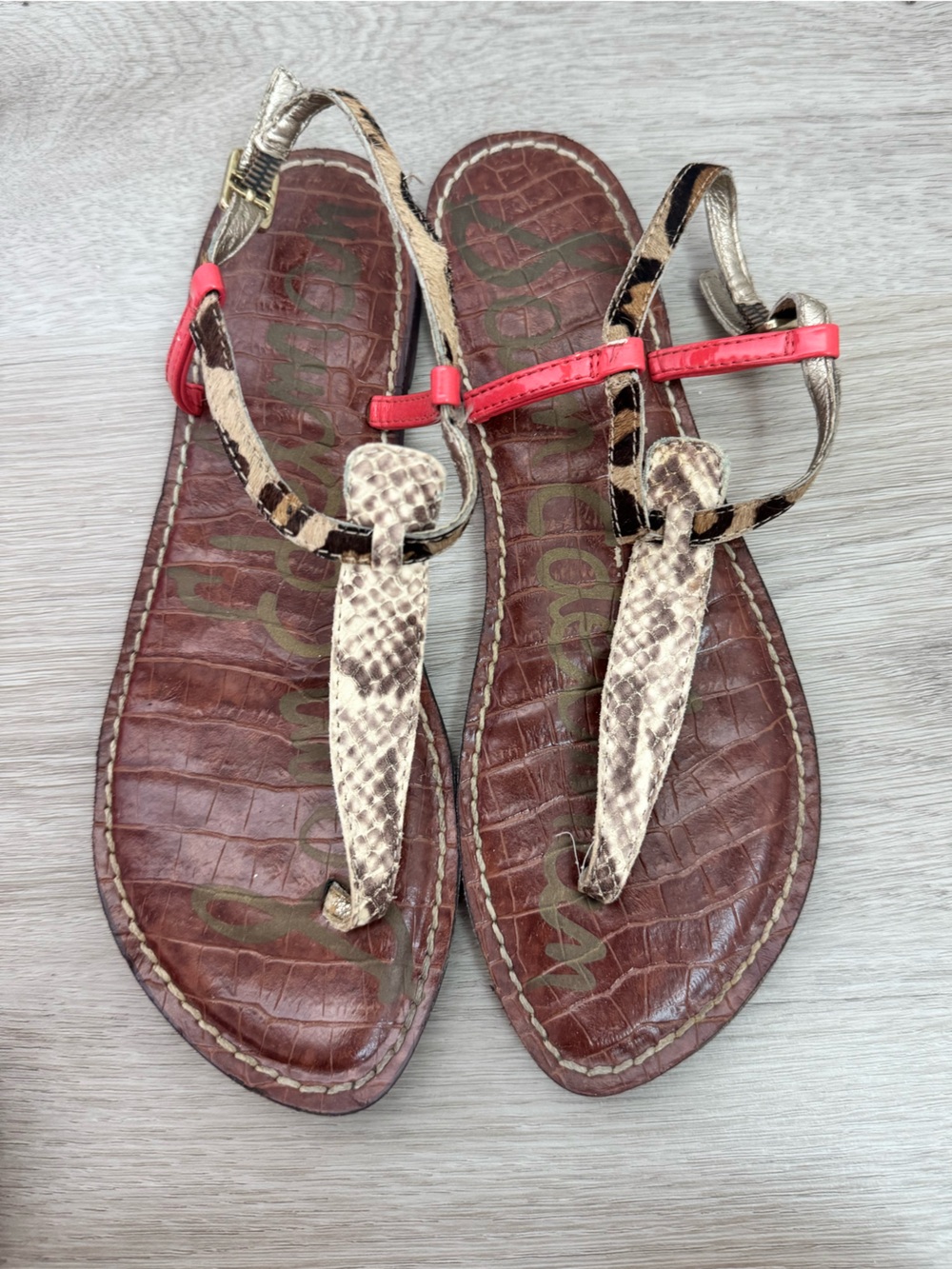 Sam Edelman Brown Croc-Embossed Sandals with Snake-Print Straps and Red Accent